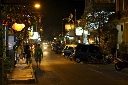 Legian street at night in Kuta, Bali